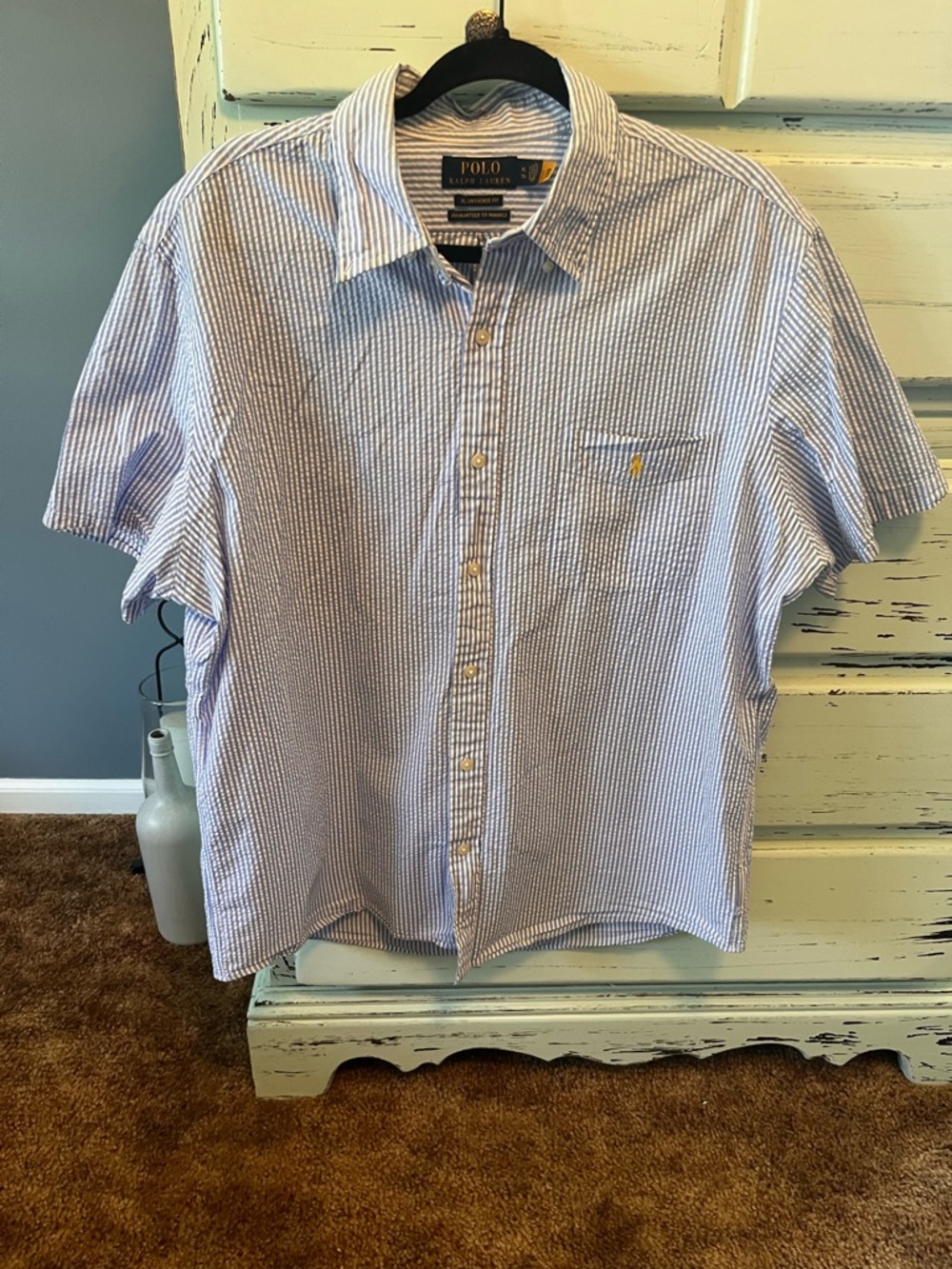 Ralph Lauren Blue and White Striped Seer Sucker Button-Down Shirt. Men’s size CL